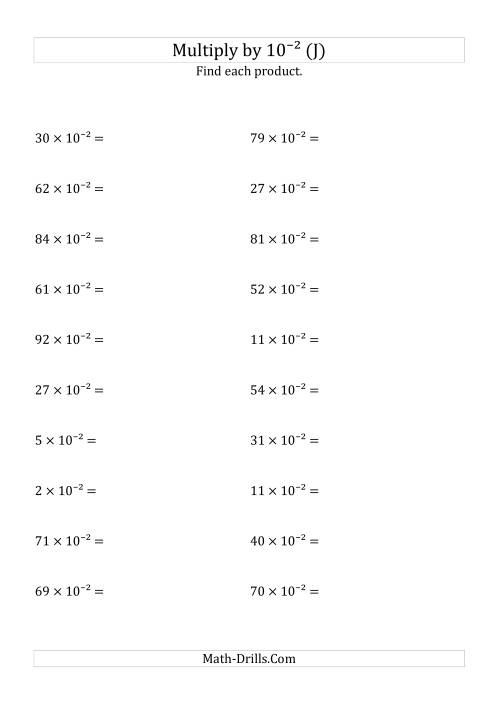 The Multiplying Whole Numbers by 10<sup>-2</sup> (J) Math Worksheet