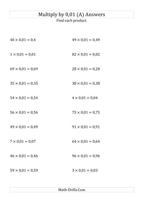 The Multiplying Whole Numbers by 0,01 (A) Math Worksheet Page 2