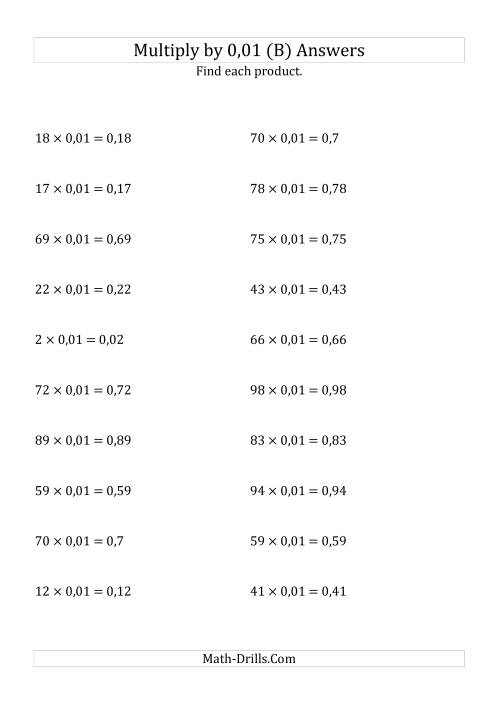 The Multiplying Whole Numbers by 0,01 (B) Math Worksheet Page 2