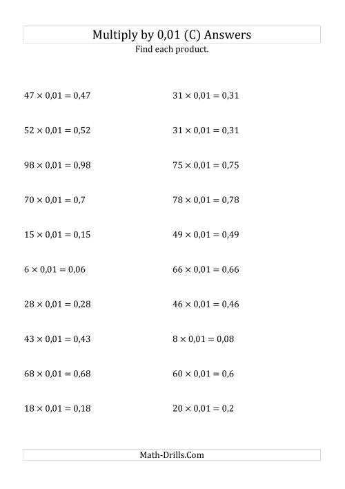 The Multiplying Whole Numbers by 0,01 (C) Math Worksheet Page 2