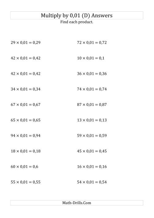 The Multiplying Whole Numbers by 0,01 (D) Math Worksheet Page 2