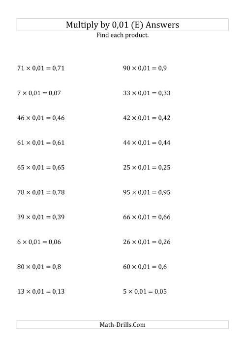 The Multiplying Whole Numbers by 0,01 (E) Math Worksheet Page 2