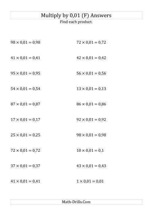 The Multiplying Whole Numbers by 0,01 (F) Math Worksheet Page 2