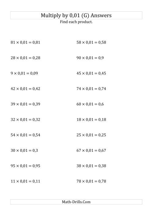The Multiplying Whole Numbers by 0,01 (G) Math Worksheet Page 2