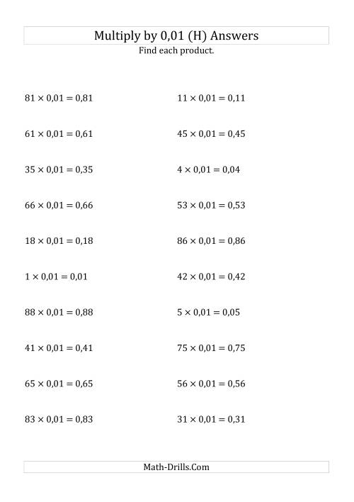 The Multiplying Whole Numbers by 0,01 (H) Math Worksheet Page 2