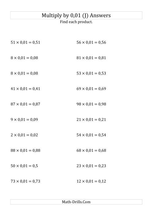 The Multiplying Whole Numbers by 0,01 (J) Math Worksheet Page 2