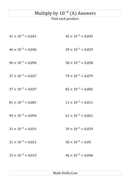 The Multiplying Whole Numbers by 10<sup>-3</sup> (A) Math Worksheet Page 2