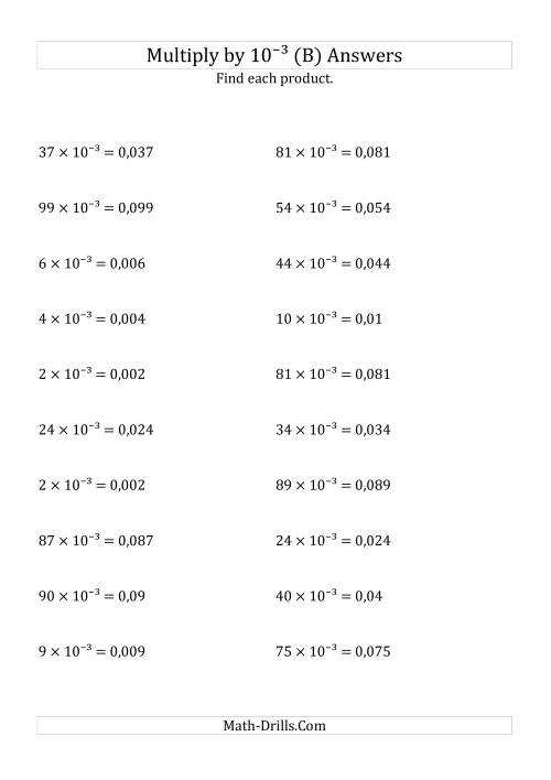The Multiplying Whole Numbers by 10<sup>-3</sup> (B) Math Worksheet Page 2