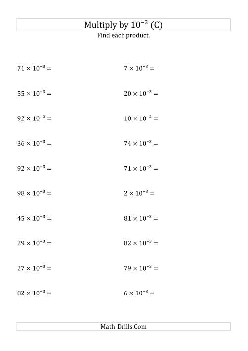 The Multiplying Whole Numbers by 10<sup>-3</sup> (C) Math Worksheet
