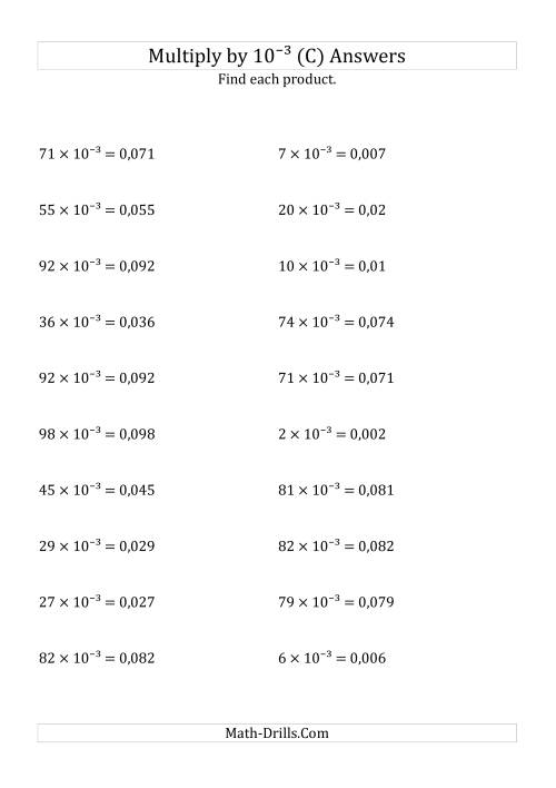 The Multiplying Whole Numbers by 10<sup>-3</sup> (C) Math Worksheet Page 2