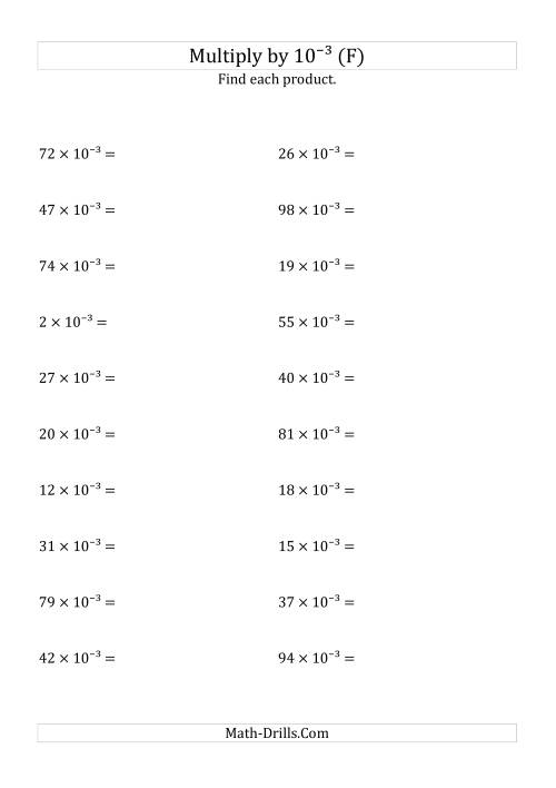 The Multiplying Whole Numbers by 10<sup>-3</sup> (F) Math Worksheet