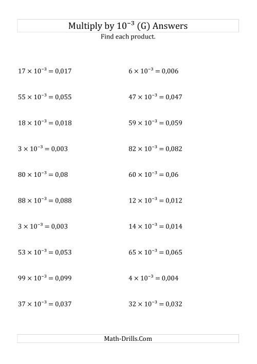 The Multiplying Whole Numbers by 10<sup>-3</sup> (G) Math Worksheet Page 2