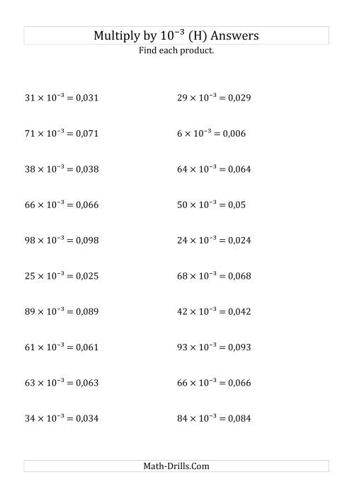 The Multiplying Whole Numbers by 10<sup>-3</sup> (H) Math Worksheet Page 2