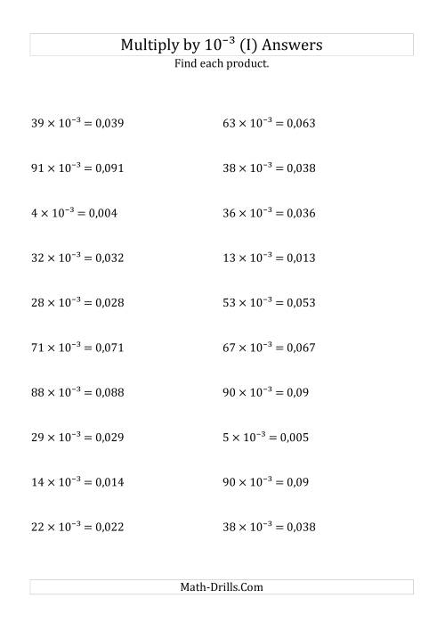 The Multiplying Whole Numbers by 10<sup>-3</sup> (I) Math Worksheet Page 2