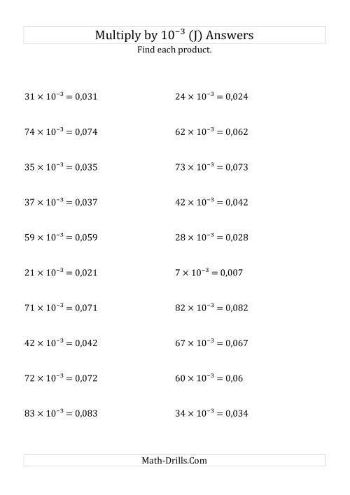 The Multiplying Whole Numbers by 10<sup>-3</sup> (J) Math Worksheet Page 2