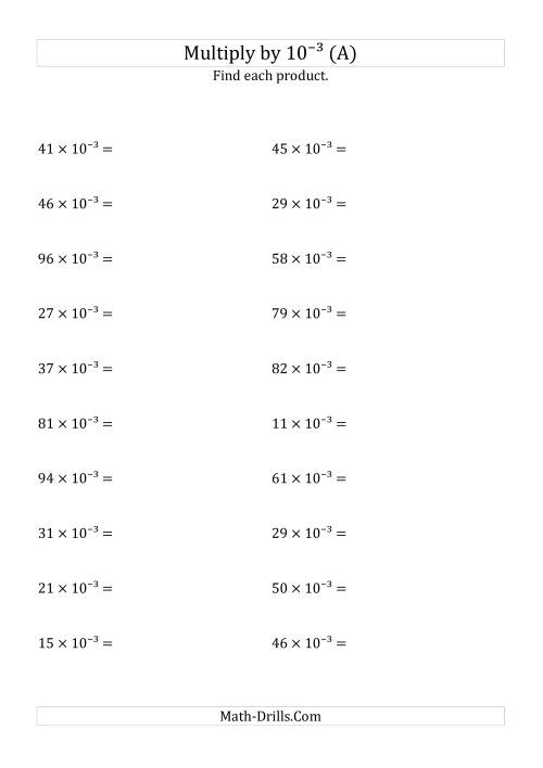 The Multiplying Whole Numbers by 10<sup>-3</sup> (All) Math Worksheet