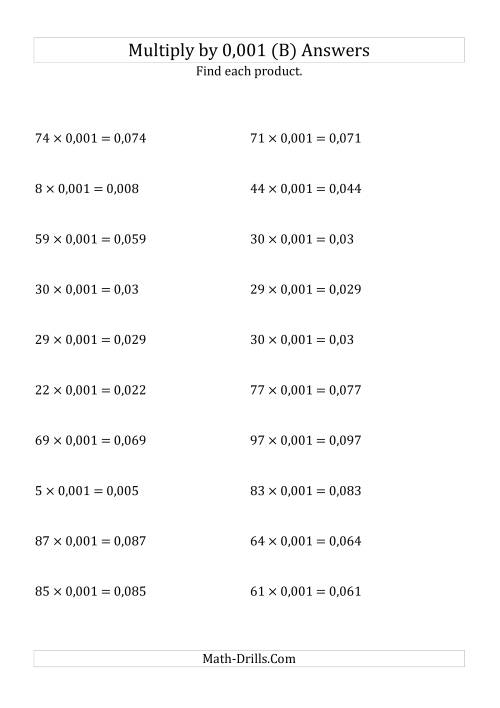 The Multiplying Whole Numbers by 0,001 (B) Math Worksheet Page 2