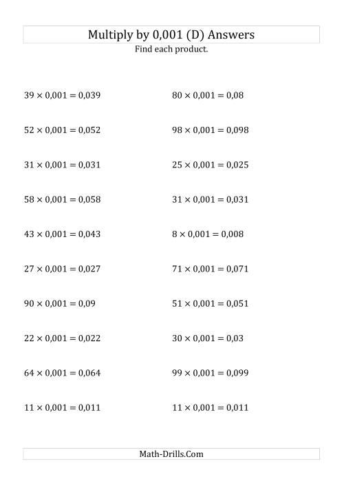 The Multiplying Whole Numbers by 0,001 (D) Math Worksheet Page 2