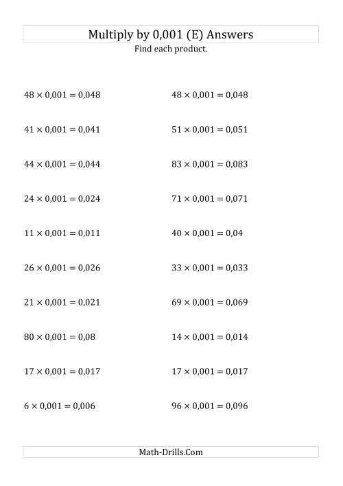The Multiplying Whole Numbers by 0,001 (E) Math Worksheet Page 2