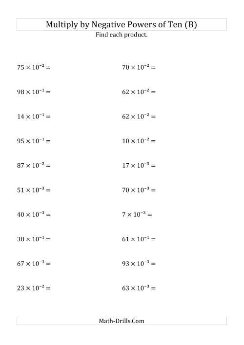 The Multiplying Whole Numbers by Negative Powers of Ten (Exponent Form) (B) Math Worksheet