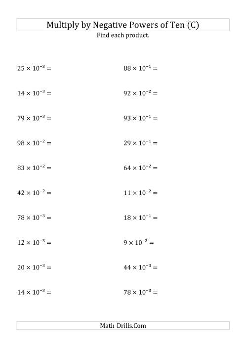 The Multiplying Whole Numbers by Negative Powers of Ten (Exponent Form) (C) Math Worksheet