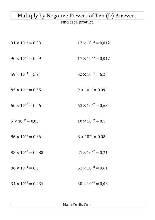 The Multiplying Whole Numbers by Negative Powers of Ten (Exponent Form) (D) Math Worksheet Page 2