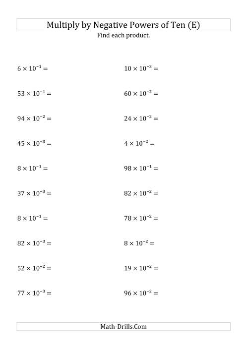 The Multiplying Whole Numbers by Negative Powers of Ten (Exponent Form) (E) Math Worksheet