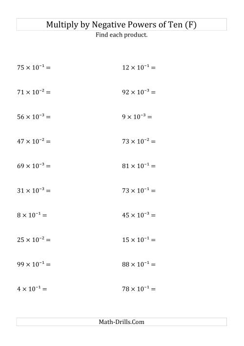 The Multiplying Whole Numbers by Negative Powers of Ten (Exponent Form) (F) Math Worksheet