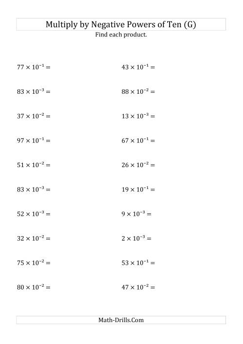 The Multiplying Whole Numbers by Negative Powers of Ten (Exponent Form) (G) Math Worksheet