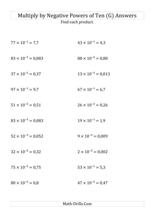 The Multiplying Whole Numbers by Negative Powers of Ten (Exponent Form) (G) Math Worksheet Page 2