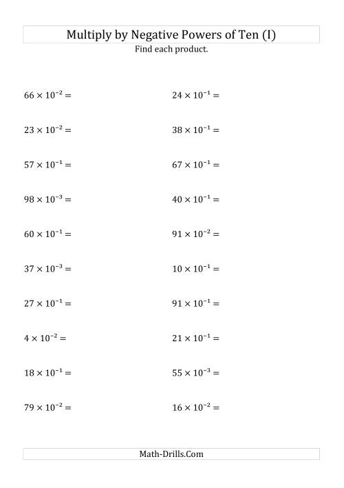 The Multiplying Whole Numbers by Negative Powers of Ten (Exponent Form) (I) Math Worksheet