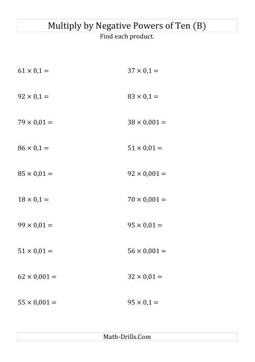 The Multiplying Whole Numbers by Negative Powers of Ten (Standard Form) (B) Math Worksheet