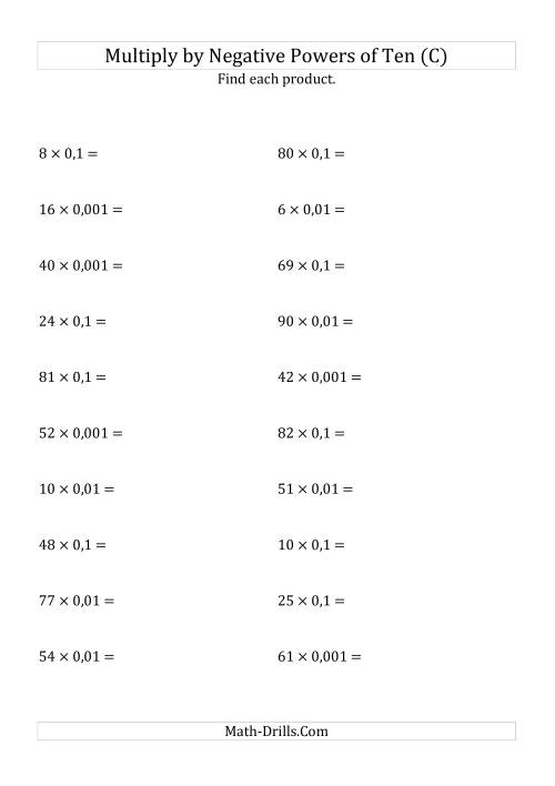 The Multiplying Whole Numbers by Negative Powers of Ten (Standard Form) (C) Math Worksheet