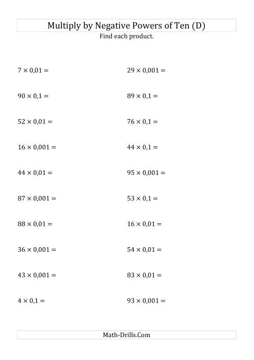The Multiplying Whole Numbers by Negative Powers of Ten (Standard Form) (D) Math Worksheet