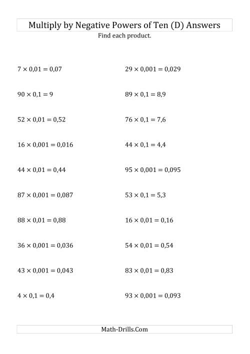 The Multiplying Whole Numbers by Negative Powers of Ten (Standard Form) (D) Math Worksheet Page 2