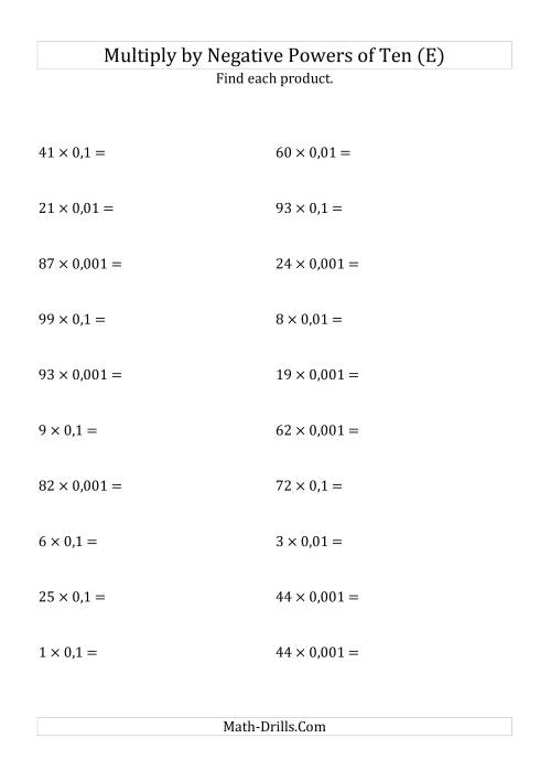 The Multiplying Whole Numbers by Negative Powers of Ten (Standard Form) (E) Math Worksheet