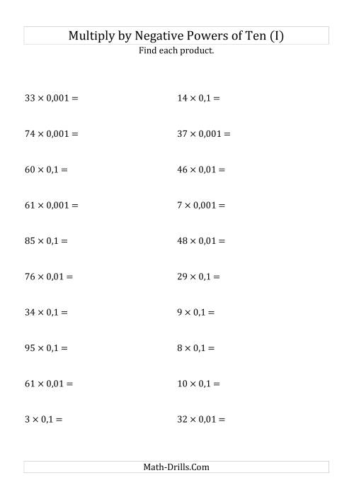The Multiplying Whole Numbers by Negative Powers of Ten (Standard Form) (I) Math Worksheet