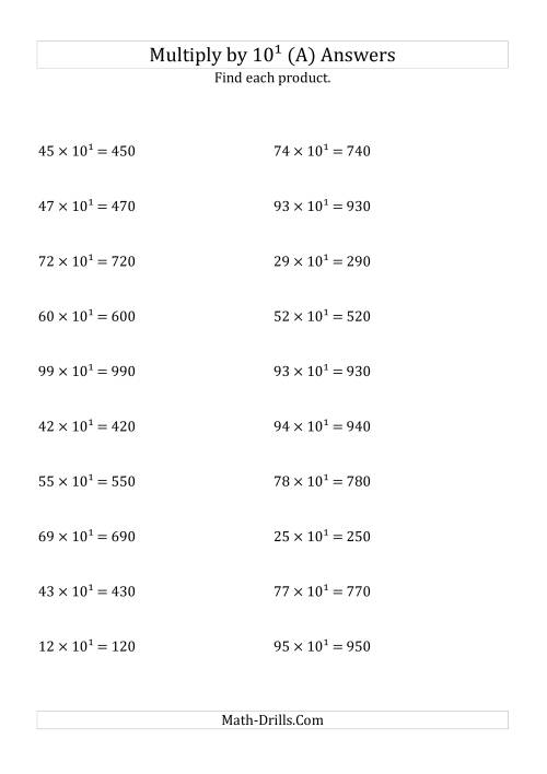 The Multiplying Whole Numbers by 10<sup>1</sup> (A) Math Worksheet Page 2