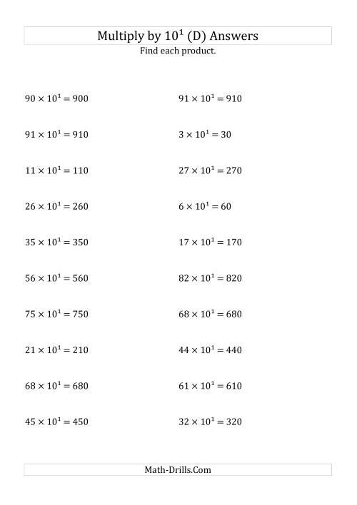 The Multiplying Whole Numbers by 10<sup>1</sup> (D) Math Worksheet Page 2