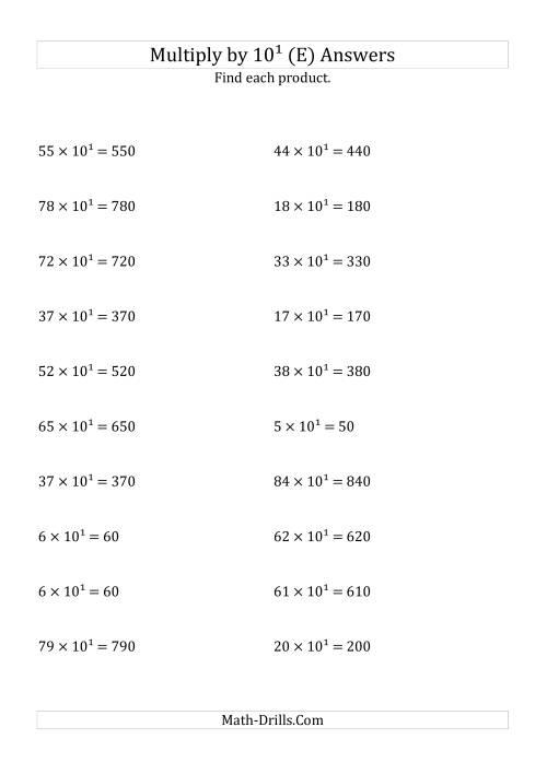 The Multiplying Whole Numbers by 10<sup>1</sup> (E) Math Worksheet Page 2