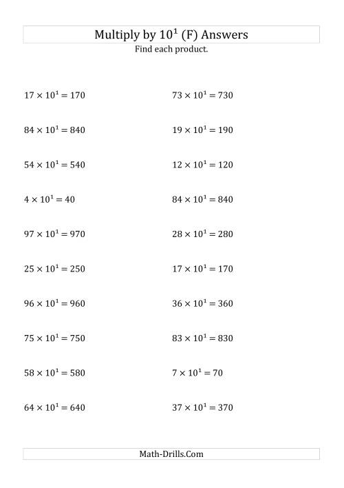 The Multiplying Whole Numbers by 10<sup>1</sup> (F) Math Worksheet Page 2