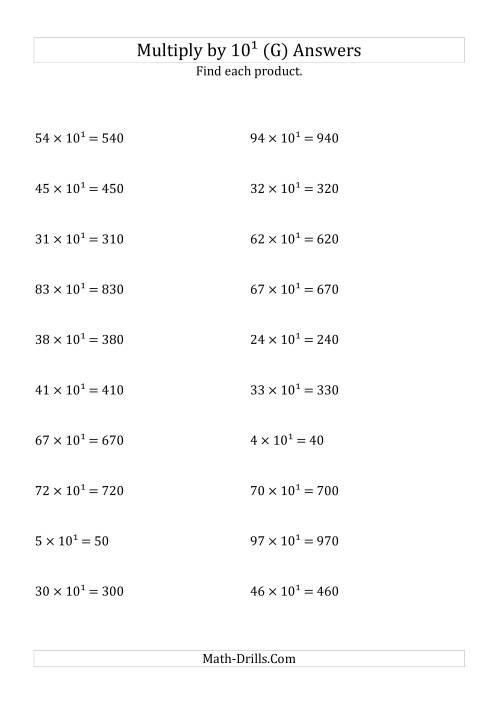 The Multiplying Whole Numbers by 10<sup>1</sup> (G) Math Worksheet Page 2