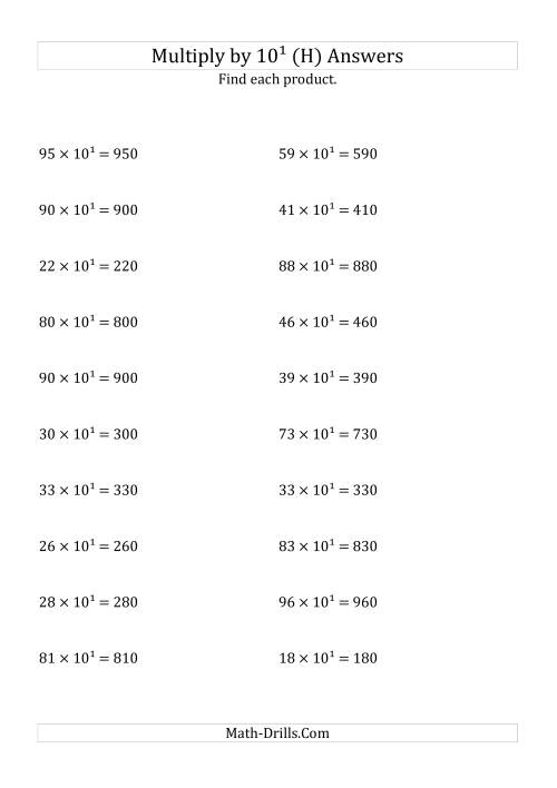The Multiplying Whole Numbers by 10<sup>1</sup> (H) Math Worksheet Page 2