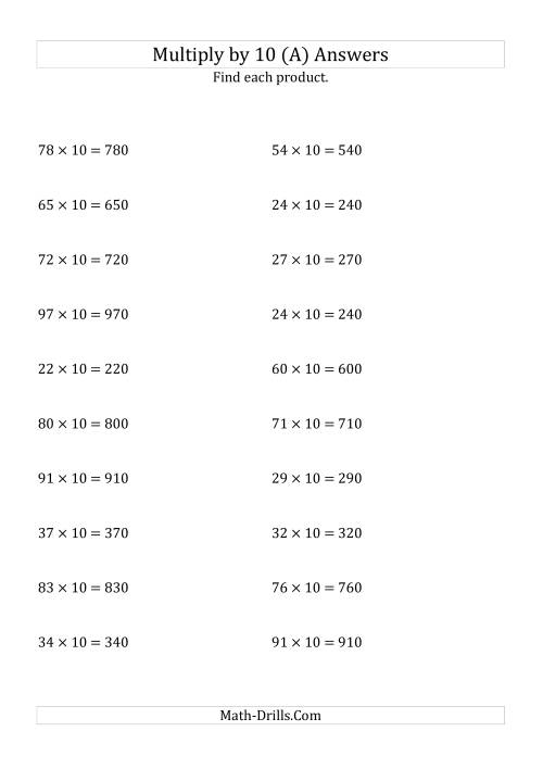 The Multiplying Whole Numbers by 10 (A) Math Worksheet Page 2