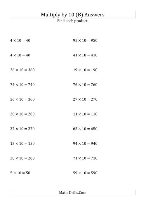 The Multiplying Whole Numbers by 10 (B) Math Worksheet Page 2