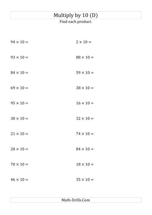 The Multiplying Whole Numbers by 10 (D) Math Worksheet