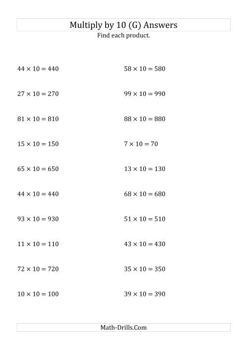 The Multiplying Whole Numbers by 10 (G) Math Worksheet Page 2