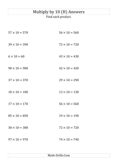 The Multiplying Whole Numbers by 10 (H) Math Worksheet Page 2