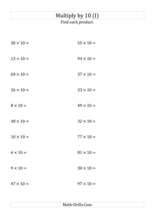 The Multiplying Whole Numbers by 10 (I) Math Worksheet