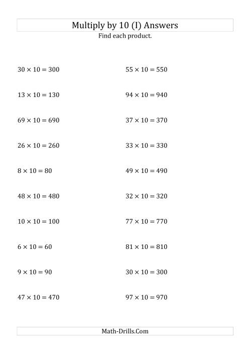 The Multiplying Whole Numbers by 10 (I) Math Worksheet Page 2
